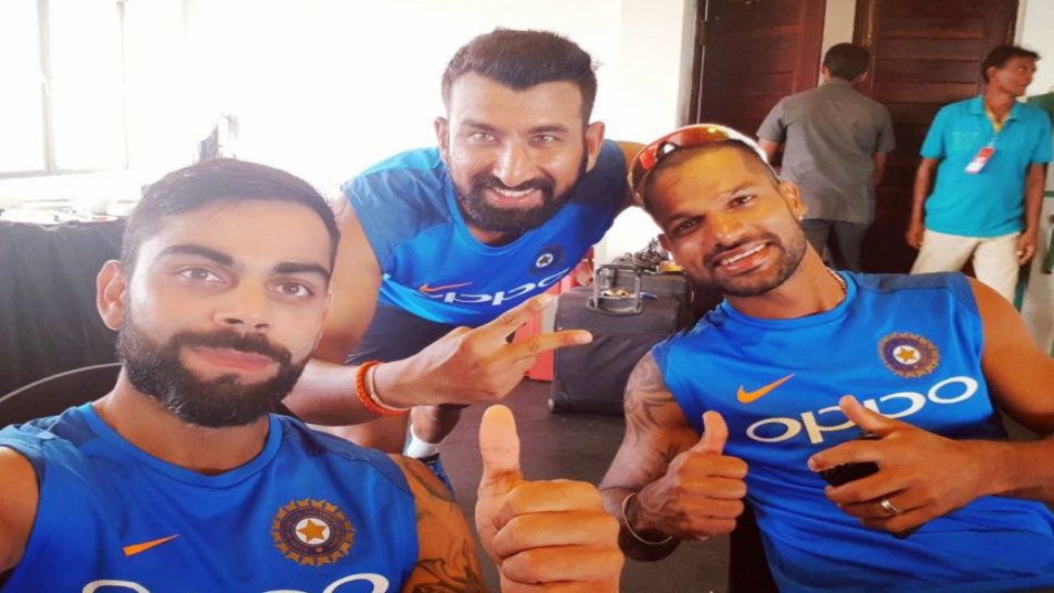 कप्तान विराट कोहली के साथ शिखर धवन और चेतेश्वर पुजारा.
फोटो: (ट्विटर)