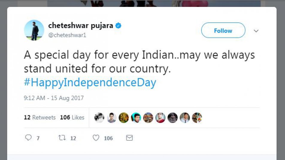 टीम इंडिया के टेस्ट बल्लेबाज़ चेतेश्वर पुजारा ने कहा, 'हर भारतीय के लिए बेहद खास दिन..हमेशा हम देश के लिए एक रहें.'