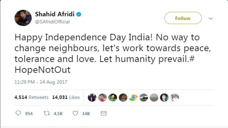 शाहिद अफरीदी ने सोशल मीडिया पर लिखा, 'स्वतंत्रता दिवस की बधाई इंडिया! पड़ोसी तो पड़ोसी ही रहते हैं!!! तो आइये हम लोग शांति, प्यार और सहिष्णू बने और मानवता को और मजबूत करें.'