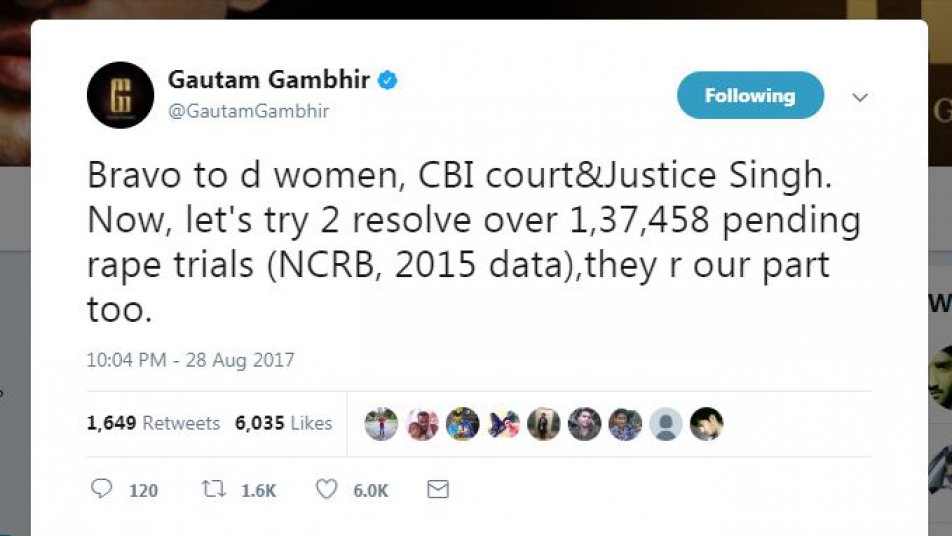 इस पूरे मामले पर टीम इंडिया के बल्लेबाज़ गौतम गंभीर ने ट्वीट कर कहा, 'इस अपराध को उजागर करने वाली पीढ़ित महिला, सीबीआई अदालत और जस्टिस सिंह को सलाम.'