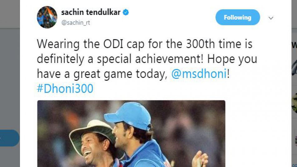 तेंदुलकर ने ट्वीट किया, ‘‘300वीं बार वनडे कैप पहनना वास्तव में विशेष उपलब्धि है. उम्मीद है कि आज के मैच में आप खास प्रदर्शन करोगे. @एमएसधोनी.’’ धोनी के साथी और मध्यक्रम के बल्लेबाज सुरेश रैना ने भी उन्हें बधाई दी.