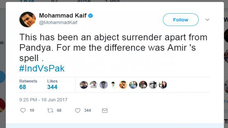 इससे पहले भी कैफ ने एक ट्वीट किया उसमे उन्होंने कहा,  'पांड्या को छोड़ बाकी सभी बल्लेबाज़ों ने बुरी तरह से सरेंडर कर दिया, मेरे लिए आमिर स्पेल मैच में सबसे बड़ा अंतर रहा.'