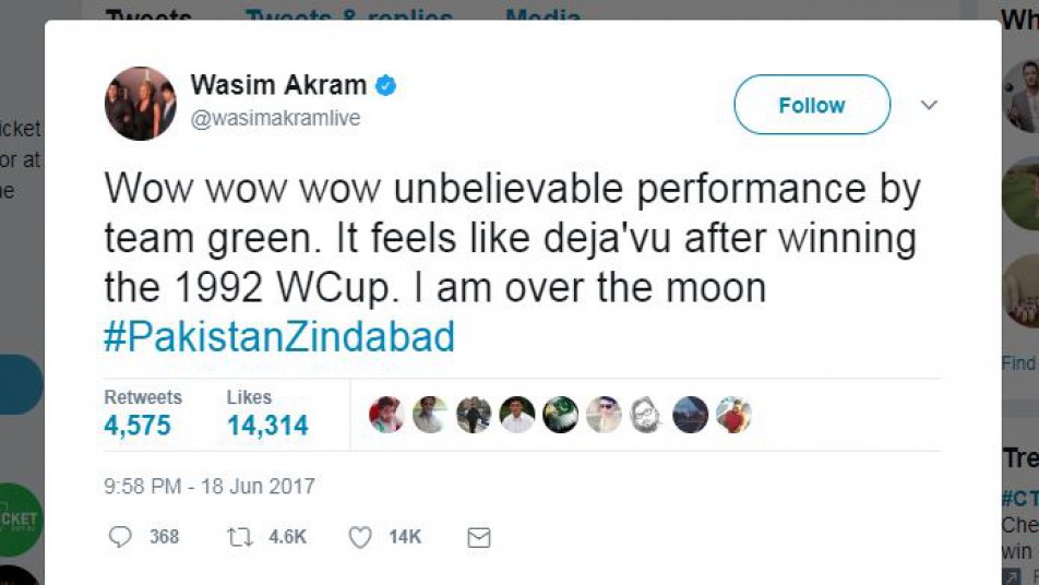 इससे पहले मैच के दौरान उन्होंने पाकिस्तानी तेज़ गेंदबाज़ मोहम्मद आमिर की तारीफ करते हुए कहा था कि आमिर ने उन्हें खुद के दिनों की याद दिला दी.
