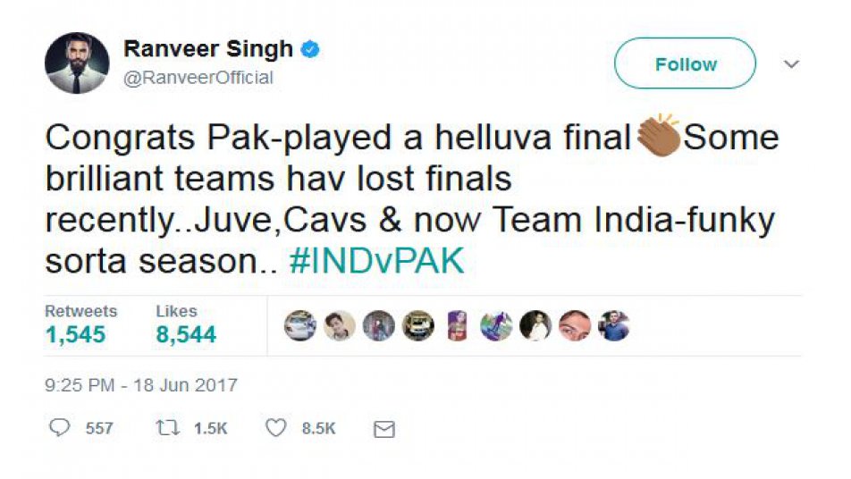 इसके अलावा उन्होंने एक और ट्वीट करते हुए कहा, 'मुबारक हो पाक, बहुत अच्छा फाइनल खेले. इससे पहले भी कुछ शानदार टीमें फाइनल हारी हैं..ज्यूव, केव्स और अब टीम इंडिया.”