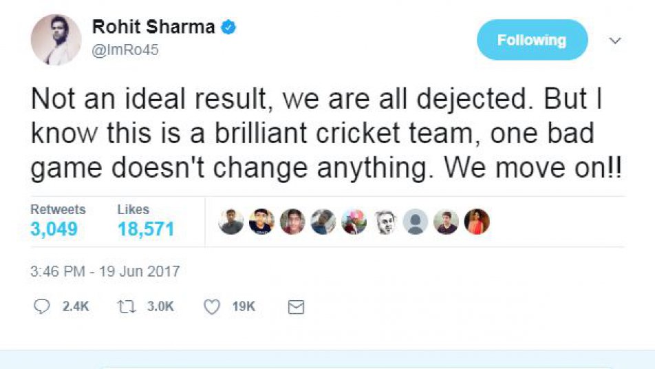 
रोहित ने ट्वीट कर कहा,  यह बेहद की खराब परिणाम रहा, हम लोग बुरी तरह से फेल हो गए लेकिन मुझे पता है हमारी टीम एक बेहतरीन टीम है. एक खराब गेम कुछ नहीं बदल सकता. हमें इससे बाहर निकलना होगा.