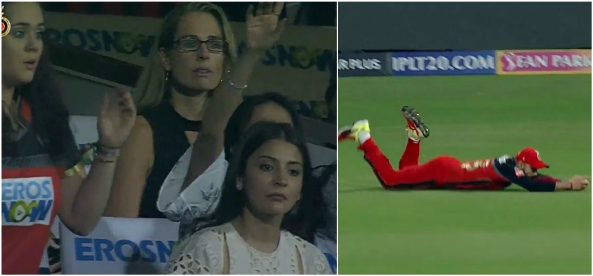 watch superman virats flying catch against kkr WATCH: विराट की शानदार कैच देखकर फैंस हुए हैरान, अनुष्का का रिएक्शन देखने लायक