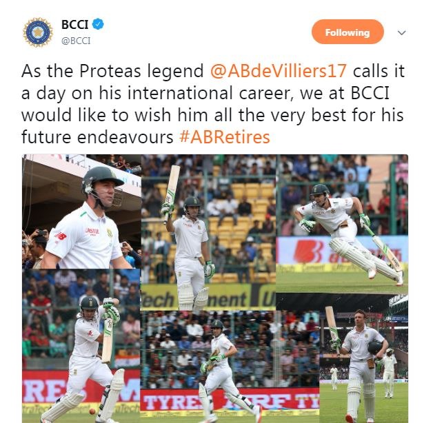भारतीय क्रिकेट बोर्ड (बीसीसीआई) ने भी ट्वीट किया , ‘‘ साउथ अफ्रीका के महान खिलाड़ी एबी डिविलियर्स ने इंटरनेशनल क्रिकेट को अलविदा कहा , हम भविष्य के लिये उन्हें शुभकामनायें देना चाहेंगे. ’’ 