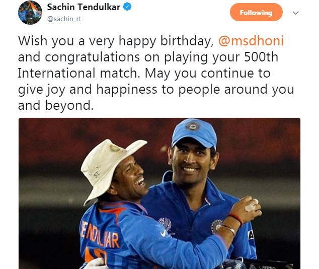 दिग्गज सचिन तेंडुलकर ने भी धोनी को जन्मदिन की बधाई देते हुए कहा, 'जन्मदिन की बहुत बहुत शुभकामनाएं धोनी, 500वां इंटरनेशनल मैच खेलने के लिए भी बधाई. दुआ है कि तुम अपने पास मौजूद लोगों को खुशी और मस्ती के पल देते रहो.'