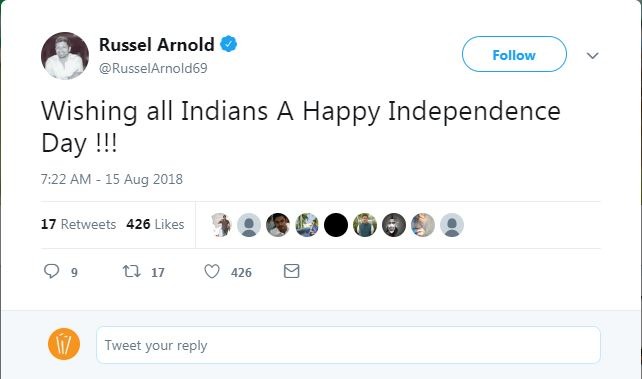 इसके अलावा श्रीलंका के पूर्व स्टार रसेल आर्नोल्ड ने ट्वीट किया और कहा, 'सभी भारतीयों को स्वतंत्रता दिवस की शुभकामनाएं.'