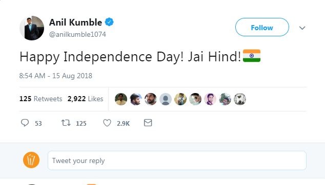 पूर्व कप्तान और कोच अनिल कुंबले ने भी देश को स्वतंत्रता दिवस की बधाई दी.