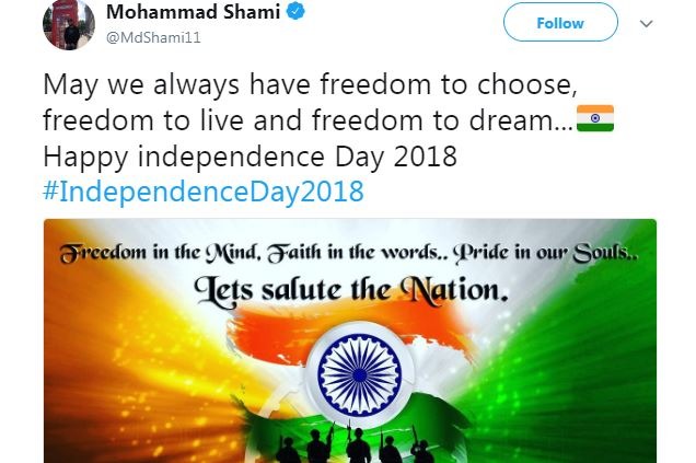 टीम इंडिया के तेज़ गेंदबाज़ मोहम्मद शमी ने लिखा, 'हम सभी को हमेशा चुनने, रहने और सपने देखने की आज़ादी मिलती रहे.'