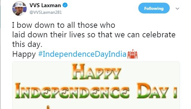 पूर्व दिग्गज वीवीएस लक्ष्मण ने लिखा 'मैं उन सभी को नमन करता हूं जिनकी वजह से आज हम स्वतंत्रता दिवस मना पा रहे हैं.'