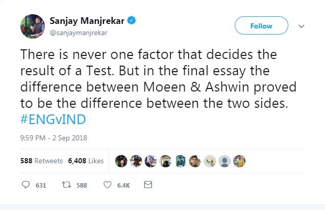 कैफ के अलावा पूर्व क्रिकेटर और कॉमंटेटर संजय मांजरेकर ने लिखा, 'कभी भी कोई एक फैक्टर हार या जीत का कारण नहीं बनता. लेकिन आखिर में मोईन अली और अश्विन के बीच के अंतर ने दोनों टीमों में फर्क पैदा किया.'