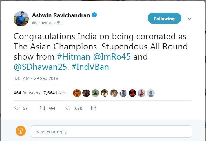 स्पिनर आर अश्विन ने ट्वीट किया और कहा, ''एशिया कप चैम्पियन बनने पर बहुत बहुत बधाई. रोहित और धवन का शानदार प्रदर्शन.''