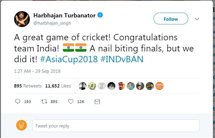 हरभजन सिंह ने ट्वीट कर कहा, ''क्रिकेट का एक शानदार खेल, भारत को शुभकामनाएं. एक करीबी फाइनल.''