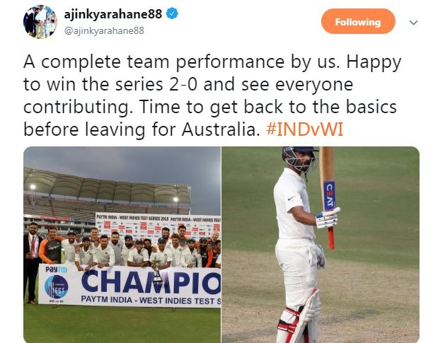 टीम के सदस्य रहाणे ने भी ट्वीट किया और बोले, ''पूरी टीम के द्वारा शानदार प्रदर्शन, 2-0 से सीरीज जीत और सभी का योगदान देख खुश हूं. ऑस्ट्रेलिया रवाना होने से पहले फिर से वेसिक्स पर लौटने का वक्त आ गया है.''
