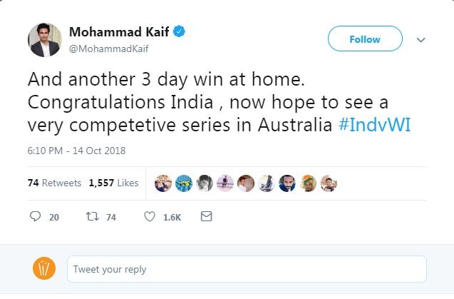 मोहम्मद कैफ ने ट्वीट किया, ''घर में एक और तीन दिन में जीत, अब उम्मीद है कि ऑस्ट्रेलिया के साथ कड़ी सीरीज़ देखने को मिलेगी.''