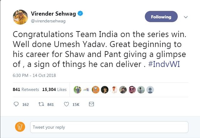 वीरू ने ट्वीट कर लिखा, ''भारतीय टीम को सीरीज़ जीत के लिए बधाई, शाबाश उमेश यादव, शॉ और पंत के करियर का बेहतरीन आगाज़ जो कि बताते है कि वो आगे क्या कर सकते हैं.''