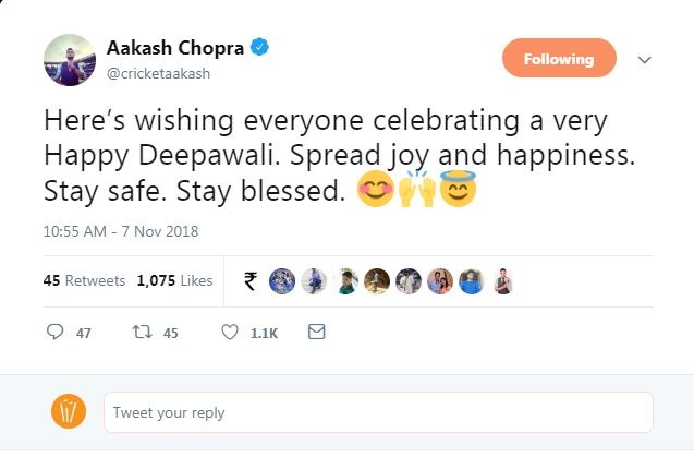 आकाश चोपड़ा ने भी सभी देशवासियों को दीपावली की शुभकामनाएं दीं.