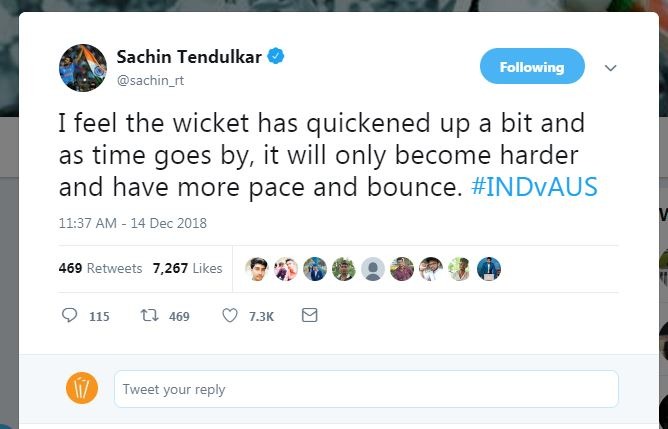 दरअसल सचिन ने अपने अनुभव के आधार पर पिच को लेकर एक भविष्यवाणी की थी जो कि अब सच होती नज़र आ रही है. दरअसल सचिन ने ट्वीट में लिखा, ''मुझे लगता है विकेट वक्त जाने के साथ-साथ तेज़ होगा. ये और सख्त होगा साथ ही इसमें और अधिक तेज़ी और उछाल देखने को मिलेगा.''