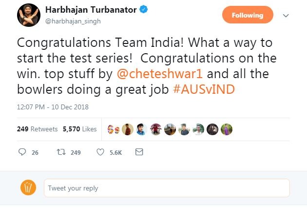 हरभजन ने भी ट्वीट करते हुए कहा, ''बहुत बहुत बधाई टीम, सीरीज़ की शानदार शुरुआत. पुजारा और गेंदबाज़ों का बेहतरीन प्रदर्शन.''