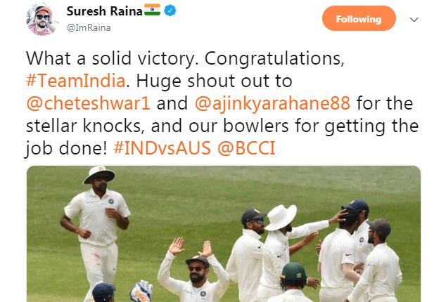 टीम से बाहर चल रहे सुरेश रैना ने लिखा, ''सॉलिड जीत, बहुत बहुत बधाई टीम इंडिया.''