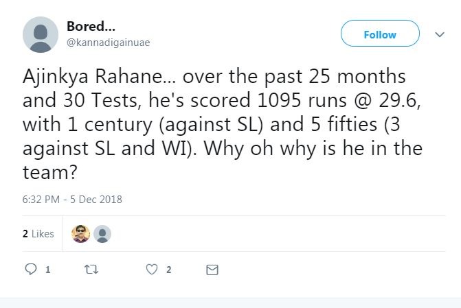 एक यूजर ने आंकड़ों के जरिए अजिंक्य रहाणे पर निशाना साधा. उन्होंने कहा कि पिछले 25 महीने में रहाणे ने 30 मैचों में 29.6 के औसत से 1095 रन बनाएं हैं. उन्होंने सवाल किया कि यह बल्लेबाज टीम में क्यों है.