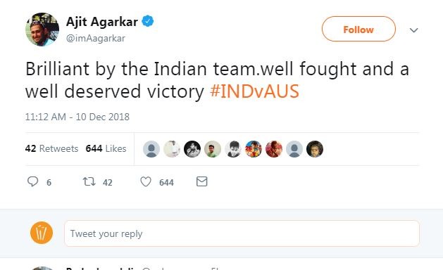 2003 के मुकाबले में 6 विकेटों के साथ जीत के हीरो रहे अजीत अगरकर ने कहा, ''भारत का शानदार प्रदर्शन, बढ़िया खेले और जीत के हकदार भी थे.''