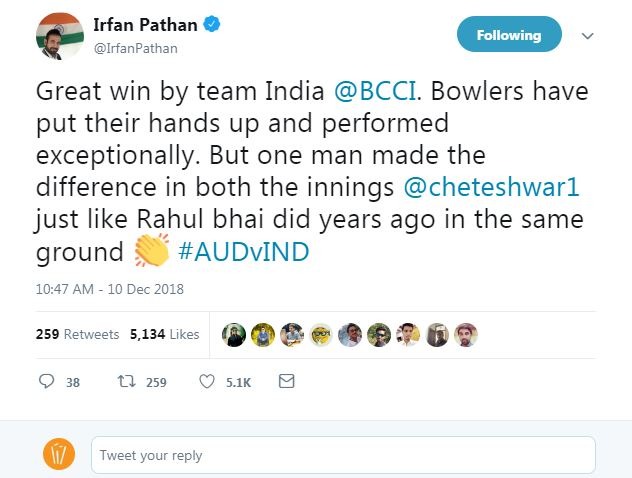 2003 के ऑस्ट्रेलिया दौरे पर पहली बार टीम के साथ गए इरफान पठान ने तब एक मैच लिया था. उन्होंने लिखा, ''टीम की शानदार जीत, गेंदबाज़ों ने बेहद ही शानदार प्रदर्शन किया. लेकिन एक आदमी ने पूरा फर्क पैदा किया वो थे पुजारा. उन्होंने बिल्कुल राहुल भाई की तरह खेल दिखाया. जैसा उन्होंने कई साल पहले यहां किया था.''