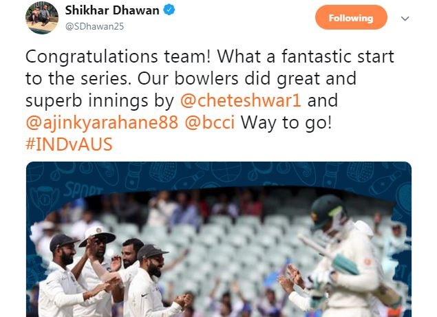 2003 की उस टीम के खिलाड़ियों के अलावा भी भारतीय टीम के कुछ मौजूदा खिलाड़ियों ने भी बधाई संदेश दिया. शिखर धवन ने कहा, ''बधाई टीम, सीरीज़ की शानदार शुरुआत. गेंदबाज़ी ने कमाल किया और पुजारा और रहाणे की कमाल की पारियां.''