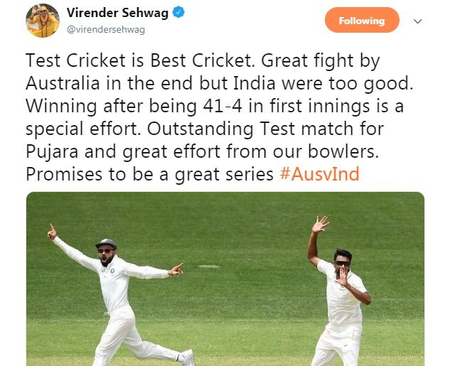2003 टीम के ओपनर वीरेंदर सहवाग ने उस मैच में दोनों पारियों में 47-47 रनों के साथ अच्छी शुरुआत दी थी. वीरू ने लिखा, ''टेस्ट क्रिकेट इज़ बेस्ट क्रिकेट. ऑस्ट्रेलिया अच्छा लड़ा लेकिन आखिर में भारत ही बेहतरीन रहा. पुजारा समेत गेंदबाज़ों का अच्छा प्रदर्शन, ये सीरीज़ शानदार होगी.''