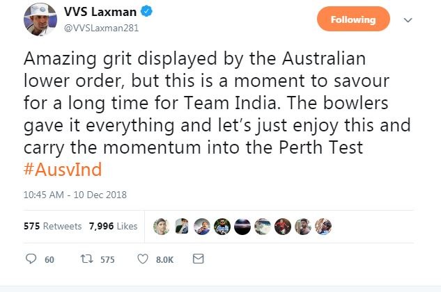 
2003 मैच के शतकवीर लक्ष्मण ने भी ट्वीट किया और कहा, ''ऑस्ट्रेलिया के निचलेक्रम ने अच्छा प्रदर्शन किया. लेकिन ये जीत लंबे समय तक याद रखी जाएगी. गेंदबाज़ों ने पूरी जान झोंक दी. एंजॉय करो और इसी मोमेंटम को पर्थ में लेकर जाओ.''