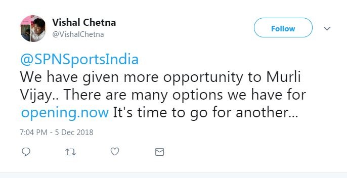 विशाल चेतना नाम के एक यूजर ने मुरली विजय के प्रदर्शन पर निराशा व्यक्त की है. उन्होंने लिखा कि विजय को बहुत मौके दिए जा चुके हैं...अब हमें अन्य ओपनिंग विकल्प की तलाश करनी चाहिेए.