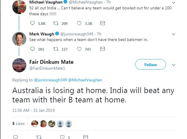 वहीं एक ने कहा, ''ऑस्ट्रेलिया को घर में हार मिली, जबकि भारत अपनी बी टीम के साथ भी किसी भी टीम को घर में मात दे देता है.''