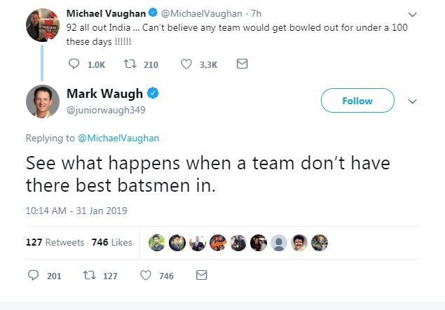 इतना ही नहीं वॉन के इस ट्वीट के साथ ऑस्ट्रेलिया के पूर्व दिग्गज बल्लेबाज़ मार्क वॉ ने भी ट्वीट किया और कहा, ''देखो क्या होता है जब किसी टीम के सर्वश्रेष्ठ बल्लेबाज़ उसके साथ नहीं होते.''