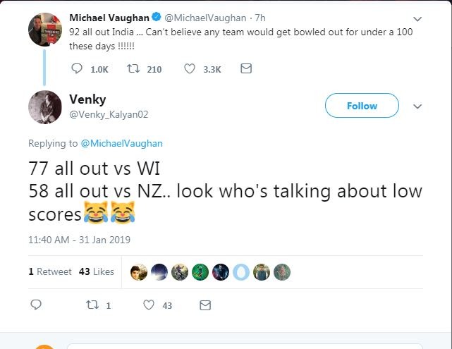 वहीं एक फैन ने लिखा, ''इंग्लैंड का प्रदर्शन...विंडीज़ के खिलाफ 77 पर ऑल-आउट, न्यूज़ीलैंड के खिलाफ 58 पर ऑल-आउट....देख ये सब बोल कौन रहा है.''