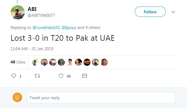 लेकिन भारतीय फैंस ने फिर वॉ को भी नहीं बख्शा, एक फैन ने वॉ को जवाब देते हुए हस्ते हुए लिखा, ''पाकिस्तान के खिलाफ यूएई में 3-0 से हार''