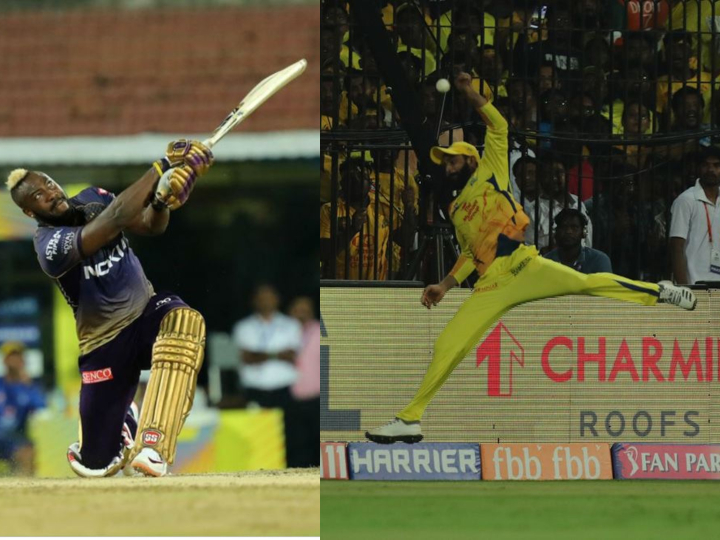 csk vs kkr video ravindra jadejas super fielding on andre russelss hit CSK vs KKR: आंद्रे रसेल के छक्के को रोकने के लिए जडेजा बन गए ‘सुपरमैन’, वीडियो देख रह जाएंगे हैरान