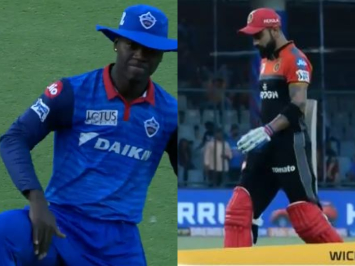 DC vs RCB: विराट कोहली का कैच पकड़कर धवन की तरह ताल ठोकते नज़र आए रदरफोर्ड, देखें वीडियो