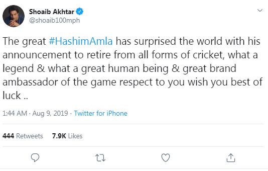 पाकिस्तान तेज़ गेंदबाज़ शोएब अख्तर ने लिखा,'' दि ग्रेट हाशिम आमला ने अपने संन्यास के ऐलान के साथ पूरी दुनिया को हैरान कर दिया. शानदार दिग्गज, बेहतरीन इंसान और उतने ही बेहतरीन क्रिकेट के दूत. तुम्हें भविष्य के लिए शुभकामनाएं.''