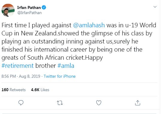 भारतीय ऑल-राउंडर इरफान पठान ने भी ट्वीट किया और लिखा, ''पहली बार मैं अंडर-19 विश्वकप में हाशिम आमला के खिलाफ खेला. जहां पर उन्होंने दिखा दिया कि वो कितने शानदार खिलाड़ी हैं. निश्चित तौर पर उन्होंने अपने करियर का अंत दक्षिण अफ्रीका के लिजेंड की तरह किया है.''