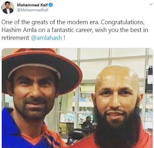 मोहम्मद कैफ ने भी हाशिम आमला के संन्यास पर लिखा, ''मॉर्डन इरा के दिग्गज़ों में से एक. इस शानदार करियर के लिए बहुत बहुत बधाई हाशिम आमला. भविष्य के लिए तुम्हें शुभकामनाएं.''