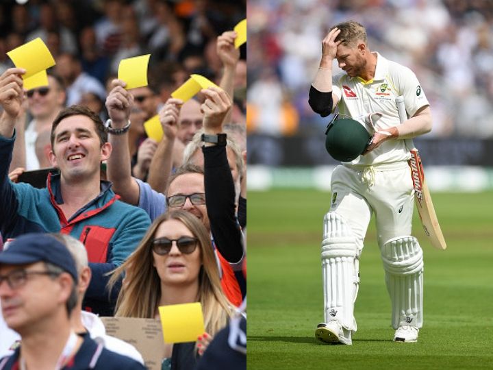 david warner sand paper ashes england vs australia first test match Ashes 2019 ENG vs AUS: डेविड वॉर्नर के आउट होने पर इंग्लैंड के दर्शकों ने दिखाया सैंड पेपर